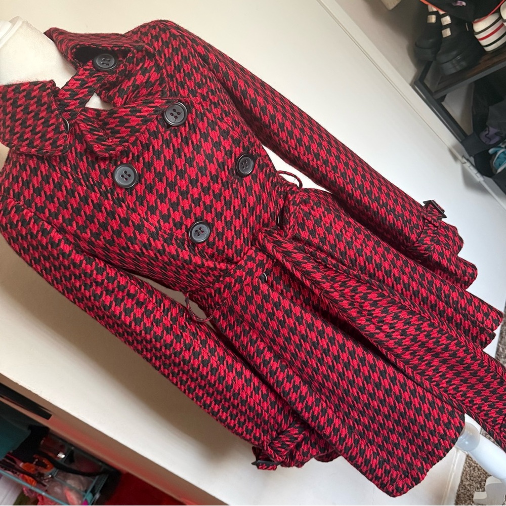 Red Houndstooth a-line button up collared double breasted skirted coat skirt y2k